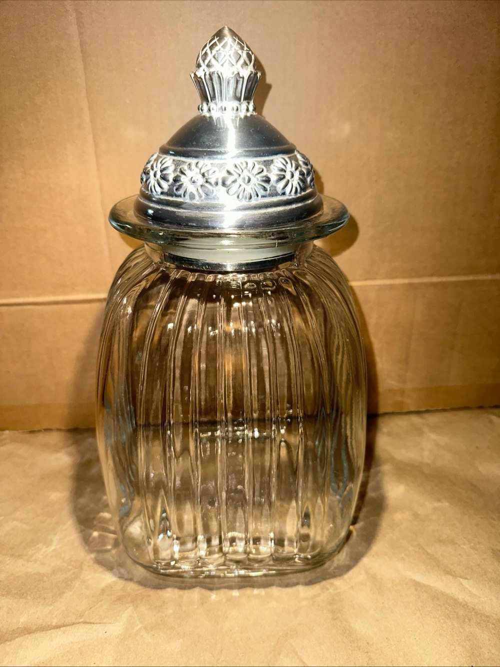Artland 9” Apothecary Ribbed Glass Canister/Jar & Silver Lid Pewter